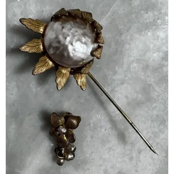 Vintage Miriam Haskell Signed Gold Tone Glass Pearl Sunflower Hat Stick Pin - Picture 4 of 7